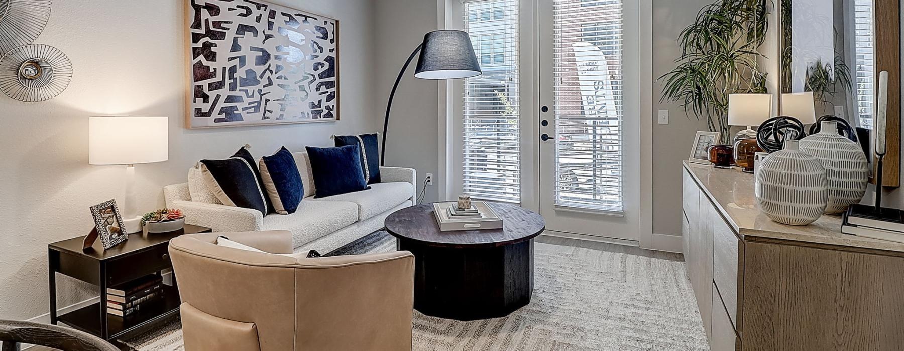 a living room with a fan